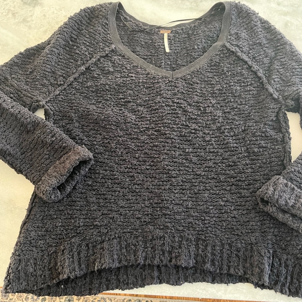 Free People Textured Black V-Neck Sweater